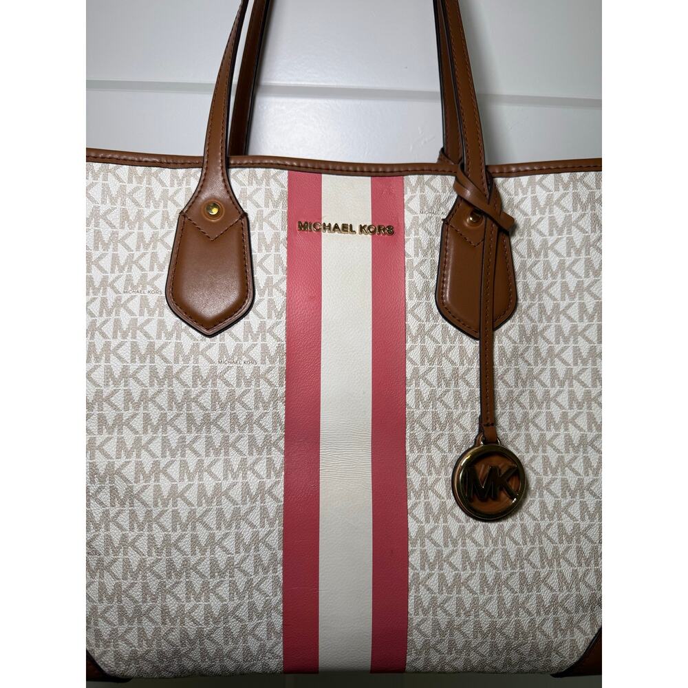 Michael Kors Signature MK Logo Large Tote Bag Pink White Stripe Brown + Pouch - Picture 2 of 9